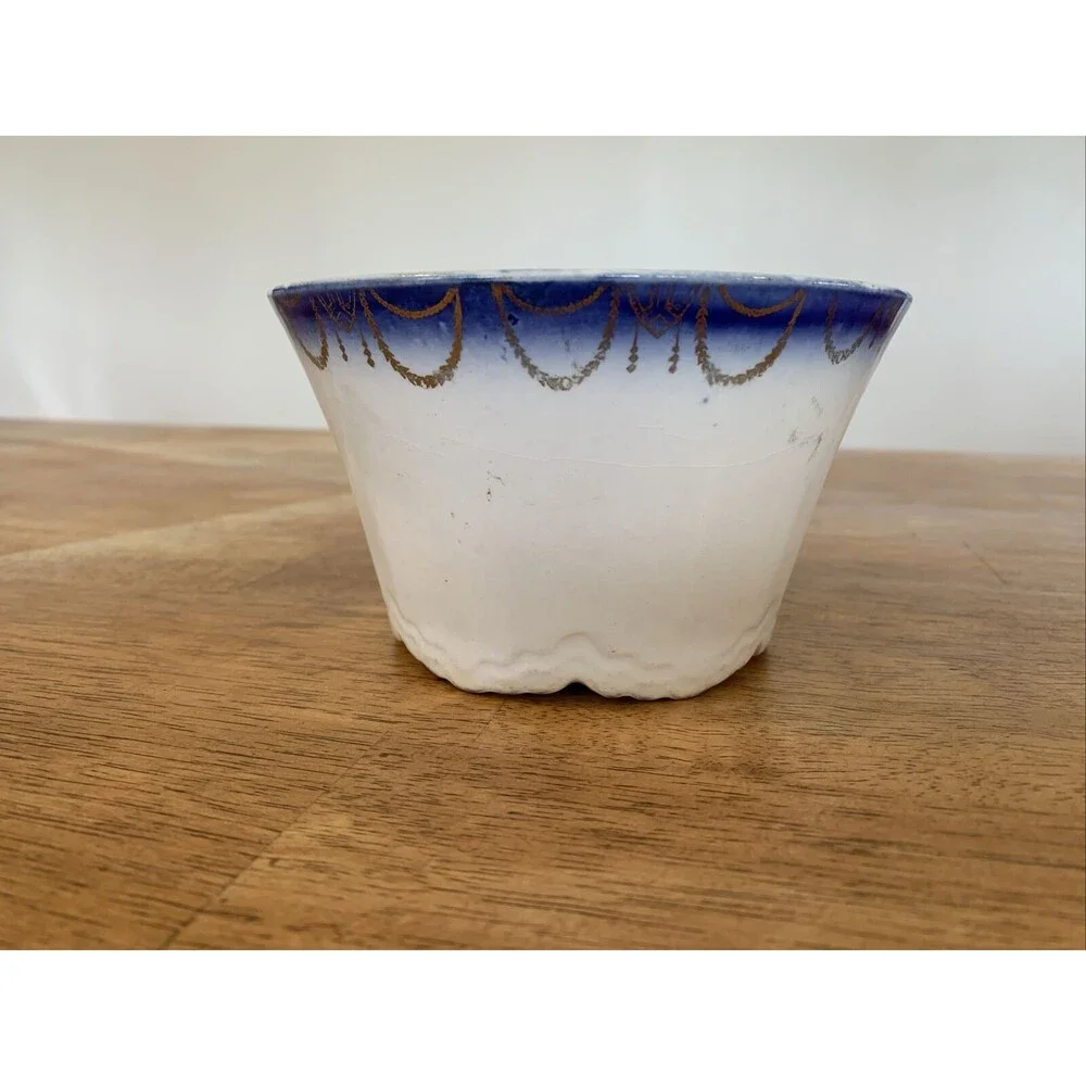 Vintage Antique Blue‎ Gold Trim Planter Bowl Japan? China Beautiful! Markings